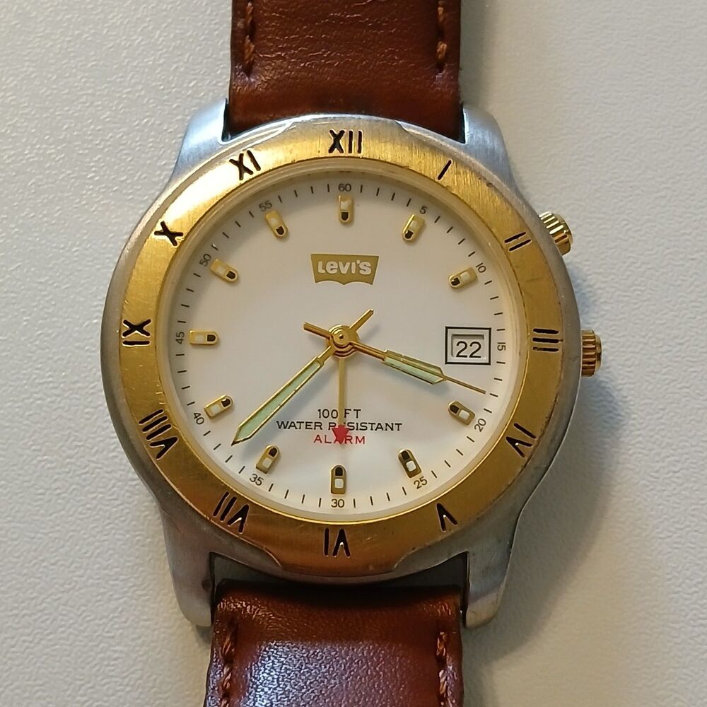 VTG Levi's Alarm Watch Two-Tone Gold Bezel Date White Dial Brown Leather 35mm